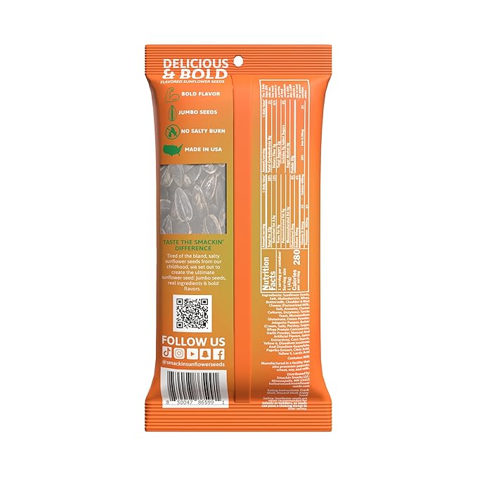 SMACKIN' Sunflower Seeds, Roasted Jumbo Small-Batch, American Made - Cheddar Jalapeño. 1.5oz bags