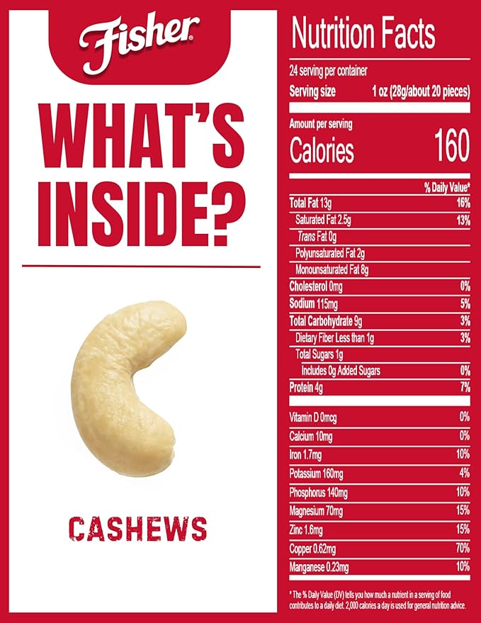 Fisher Oven Roasted Never Fried Whole Cashews, 24 Ounces (Pack of 1), Snacks for Adults, Made With