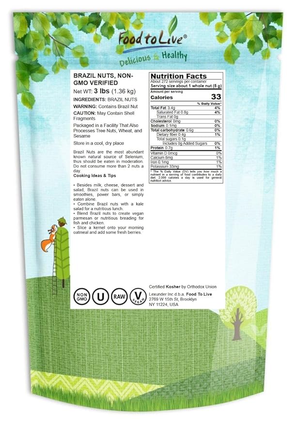 Food to Live Raw Brazil Nuts, 3 Pounds – Non-GMO Verified, Raw, Whole, No Shell, Unsalted, Kosher