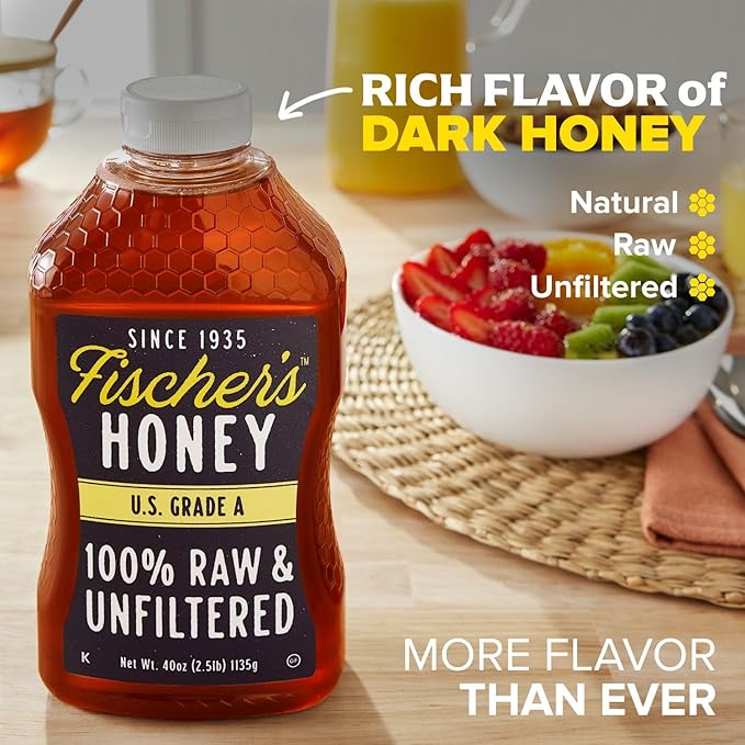 Fischer’s 100% Pure, Raw & Unfiltered Honey, 40 oz – USA Made Honey – All-Natural Sweetener – Rich