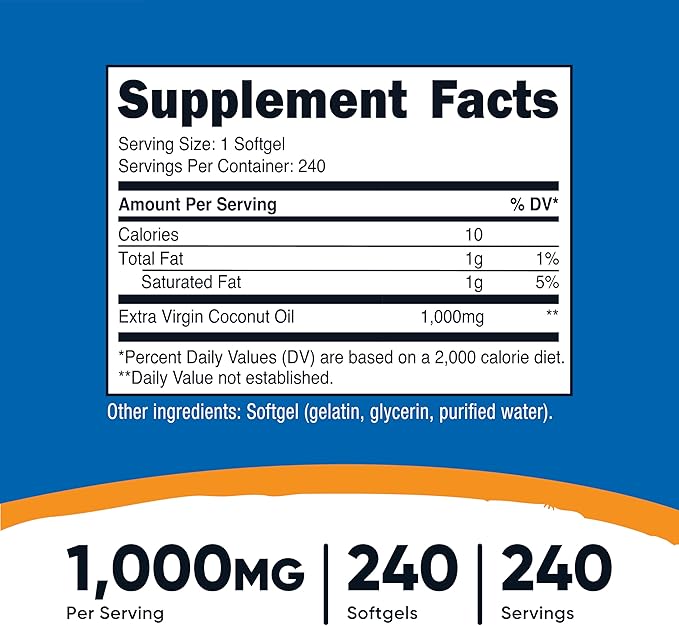 Nutricost Coconut Oil Softgels (1000mg) 240 Softgels - Extra Virgin Coconut Oil - Gluten Free and