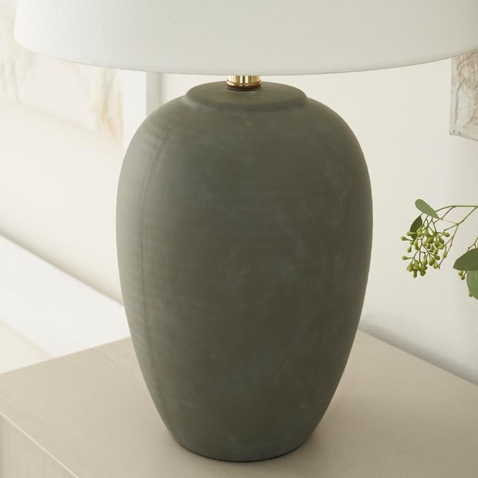 Nourison Home 23" Olive Green Ceramic Pot Table Lamp for Bedroom, Living Room, Dining Office, with
