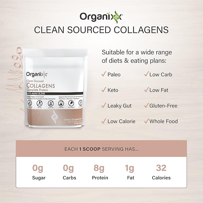 Organixx Collagen Peptides Powder with Vitamin C, Types I, II, III, V, X Hydrolyzed Collagen, Hair