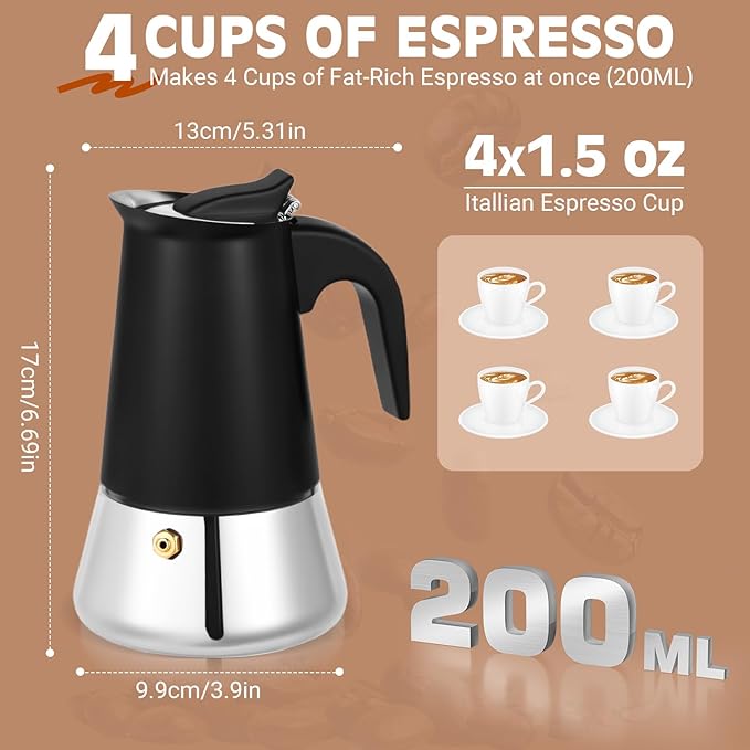 Moka Pot, 4 Cups (7.1 oz) Stovetop Espresso Maker, 304 Stainless Steel Moka Pot, Induction