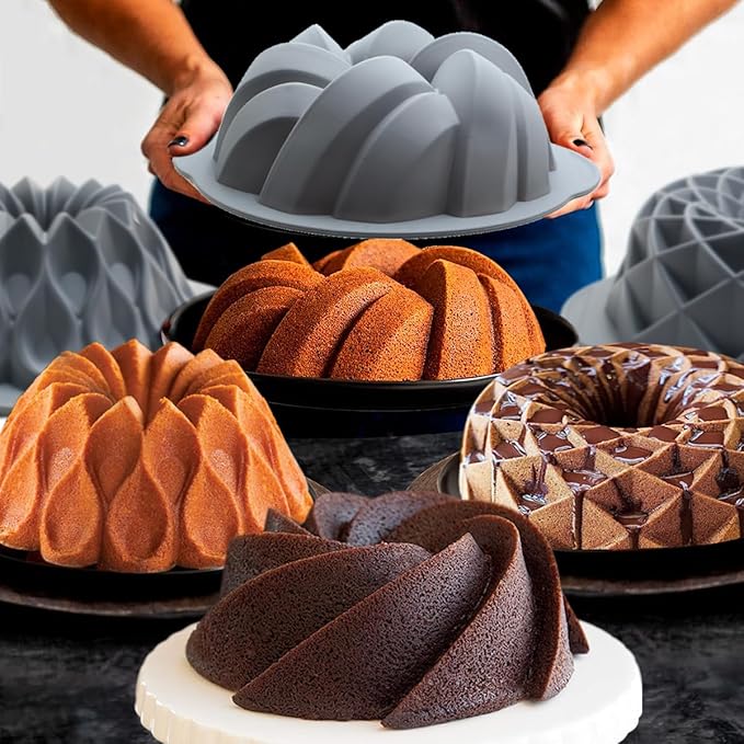 Tongjude 4 Pieces Silicone Fluted Cake Pans, 10/12 Cups Tube Baking Pan, Silicone Molds for