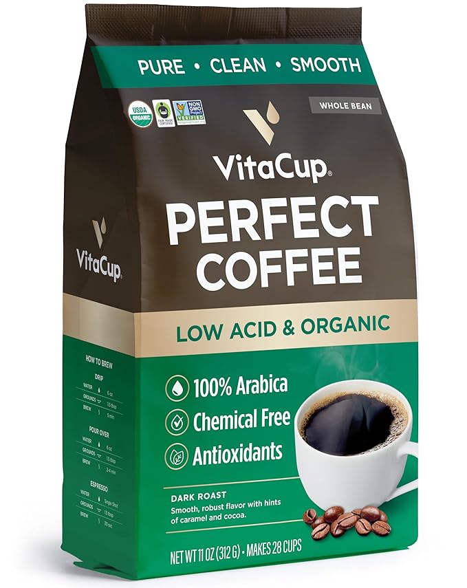 VitaCup Perfect Low Acid Coffee Beans, USDA Organic & Fair Trade, Mycotoxin Free, Dark Roast