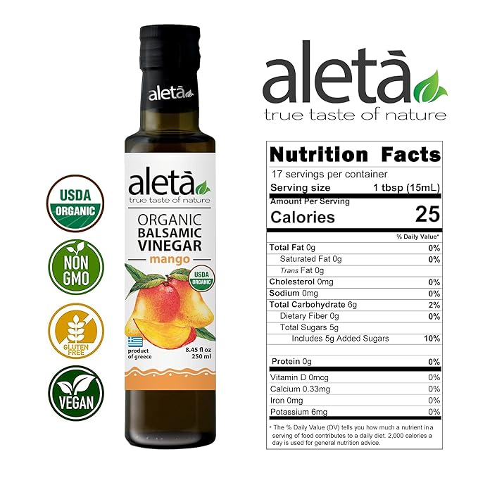Aleta Farms Balsamic Vinegar, Mango Infused Organic Balsamic Vinegar, Aged, Flavored, USDA Organic