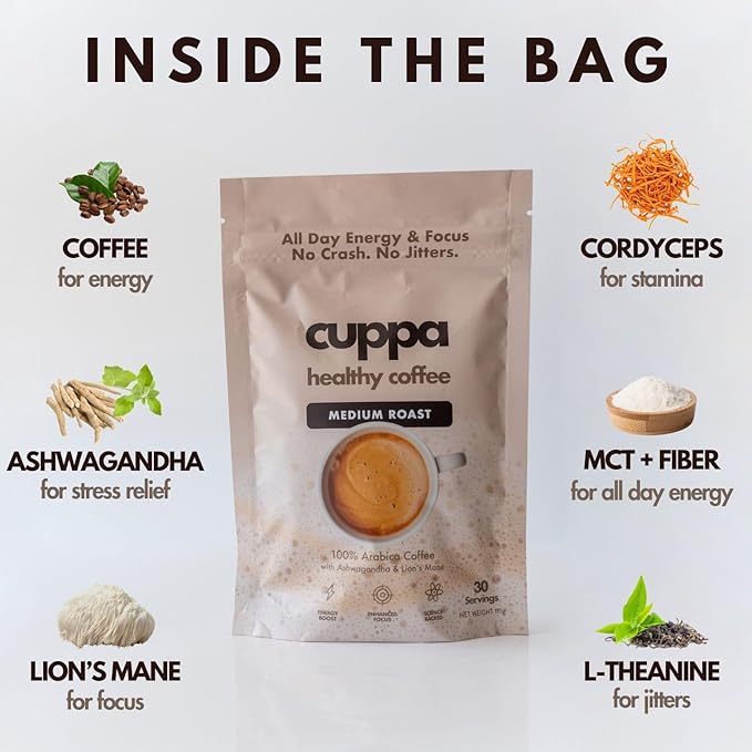 Cuppa Healthy Mushroom Insant Coffee with Lion's Mane & Ashwagandha for All Day Energy & Focus - No