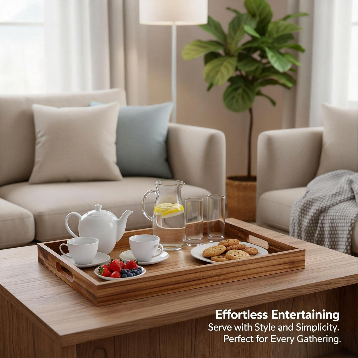 Krismax Wooden Serving Tray with Handles, Rustic Brown Rectangular Serving Platter 15.7x11.4 Inch