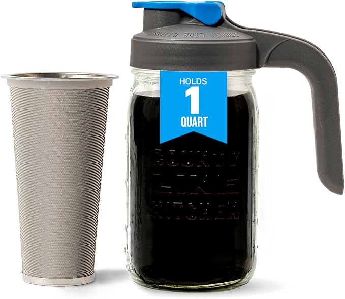 County Line Kitchen Glass Cold Brew Coffee Maker with Lid - Wide Mouth, 1 Quart (32 oz) - Heavy