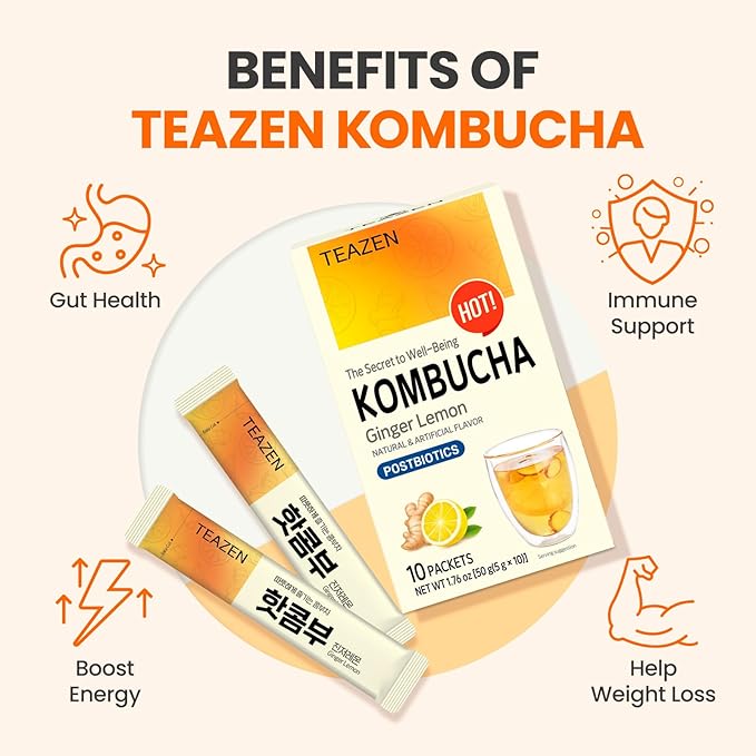 TEAZEN Lemon Ginger Hot Kombucha Tea, Spice Tea, Live Probiotics & Postbiotics, Relaxation and