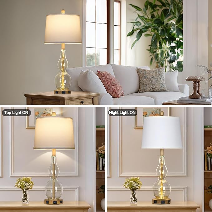 27.5" Clear Glass Table Lamp Set of 2 with Night Light,Bedside Lamps with USB Ports and AC Outlet