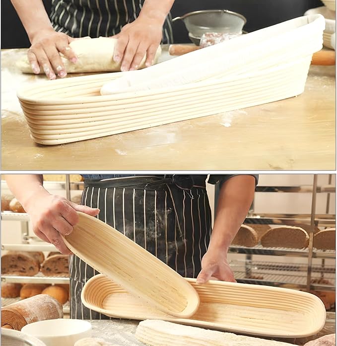 I-LAN 2 Pack 21.7" Baguette Banneton Proofing Basket with Liner-Oval Rattan Sourdough Proofing