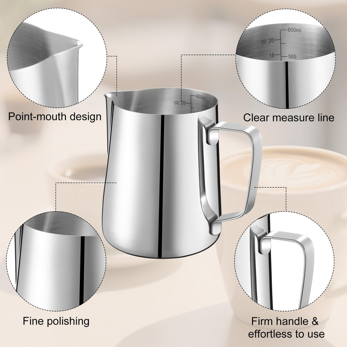 Honeydak 4 Pcs Milk Frothing Pitcher 304 Stainless Steel Steaming Pitchers for Coffee Bar
