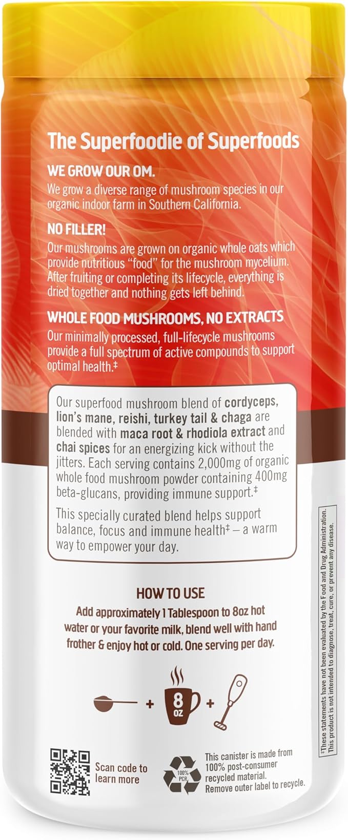 OM MUSHROOM SUPERFOOD Morning Energy Blend Mushroom Powder Drink, 8.47 Ounce Canister, Coffee Free