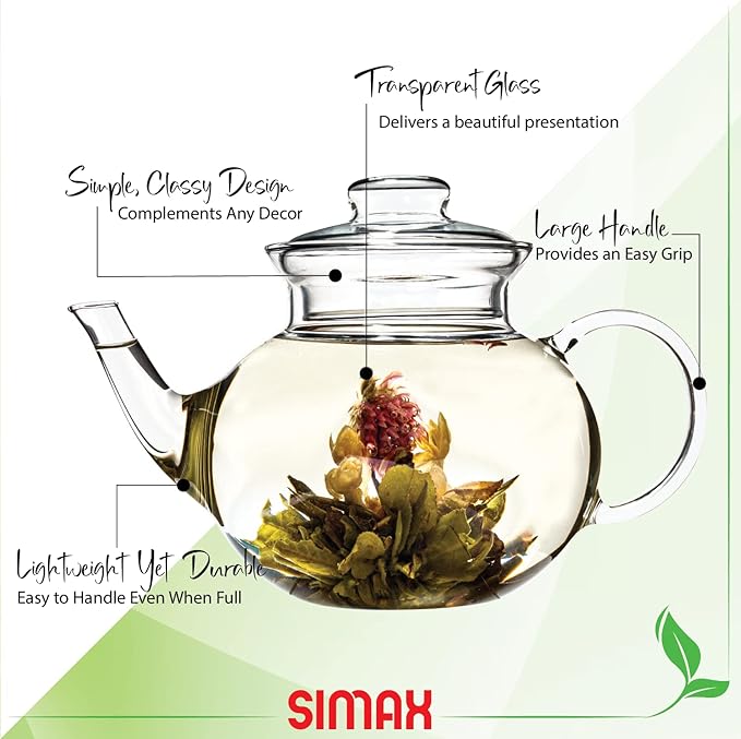 Simax Glassware 33 Ounce Glass Teapot | With Spout, Microwave and Stovetop Safe, Heat, Cold, and