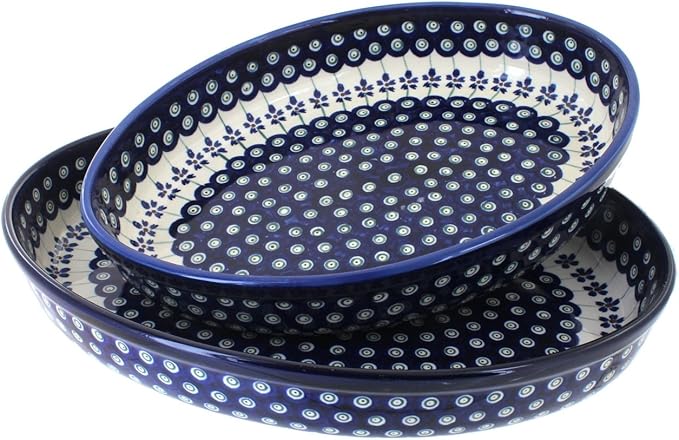Blue Rose Polish Pottery - Blue Flowering Peacock Oval Baker Set - 2 Bakers - Unique, Dishwasher