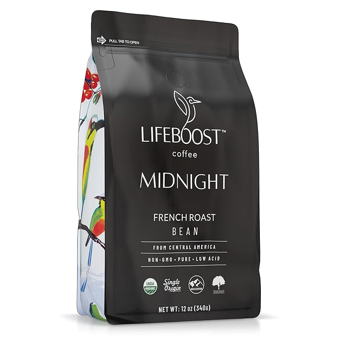Lifeboost Midnight French Roast Coffee Beans - Single Origin Non-GMO USDA Organic Low Acid French