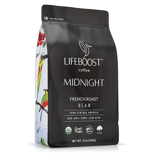 Lifeboost Midnight French Roast Coffee Beans - Single Origin Non-GMO USDA Organic Low Acid French