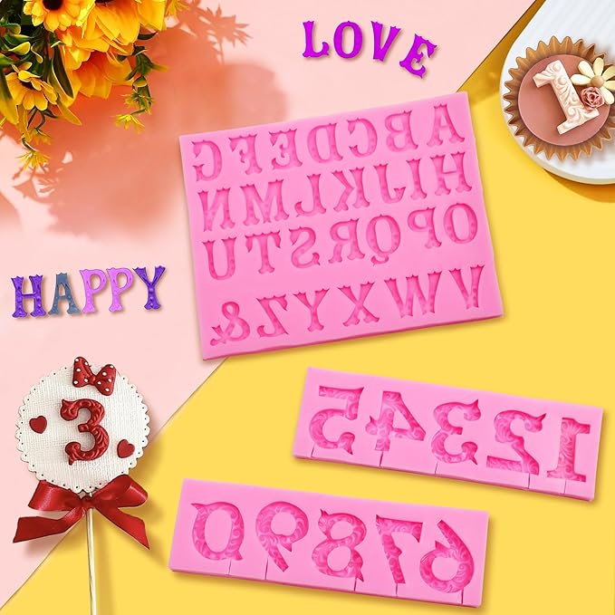Silicone Fondant Molds, AIMEIKI 3 Pack 3D Silicone Number 0-9 Alphabet A-Z Embossed Fondant