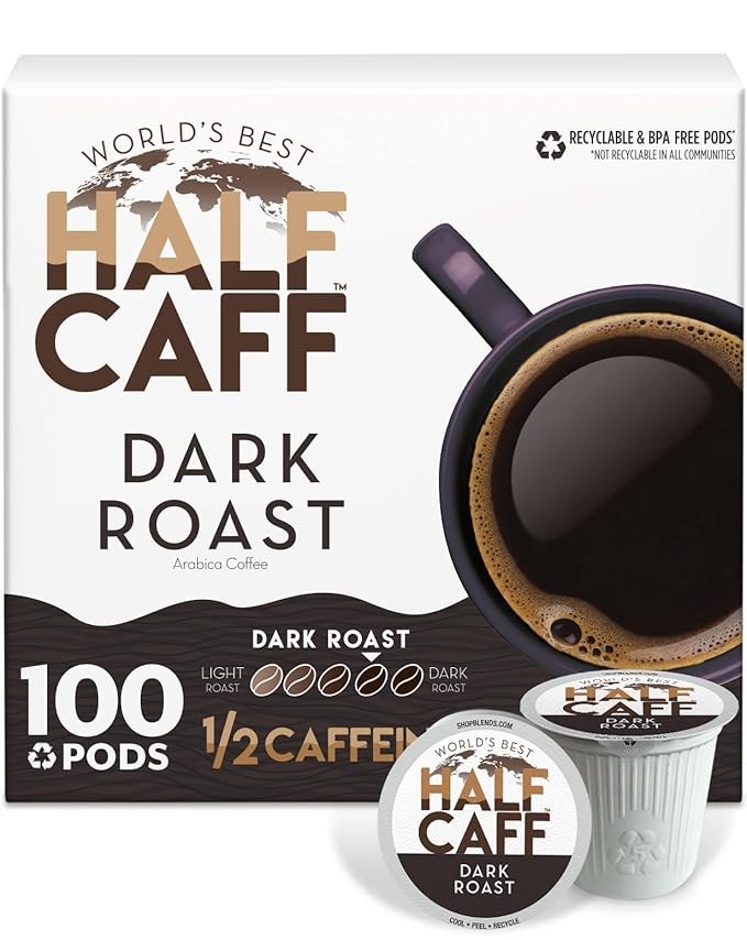 World's Best Half Caff Dark Roast Coffee Pods, 100 ct, Recyclable Single Serve Pods – 100% Arabica