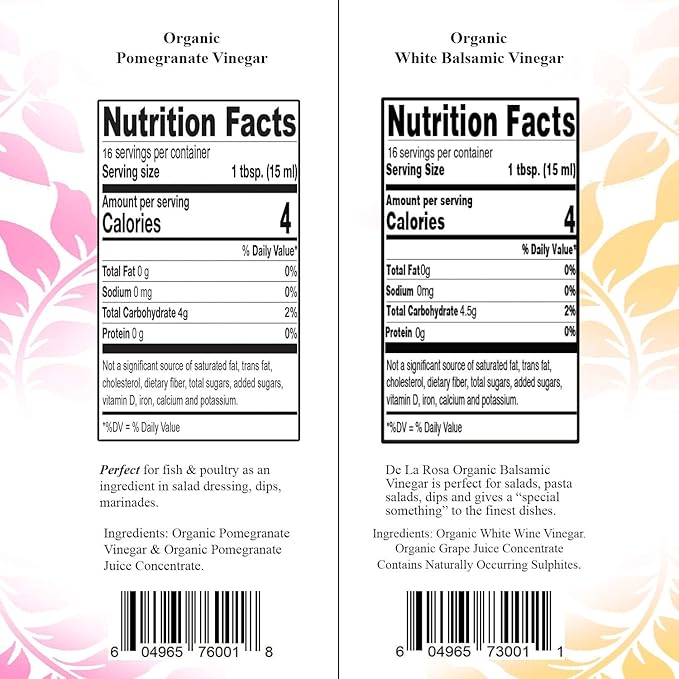 De La Rosa Organic Pomegranate and White Balsamic Vinegar, Vegan, Kosher, Non-GMO & Gluten Free