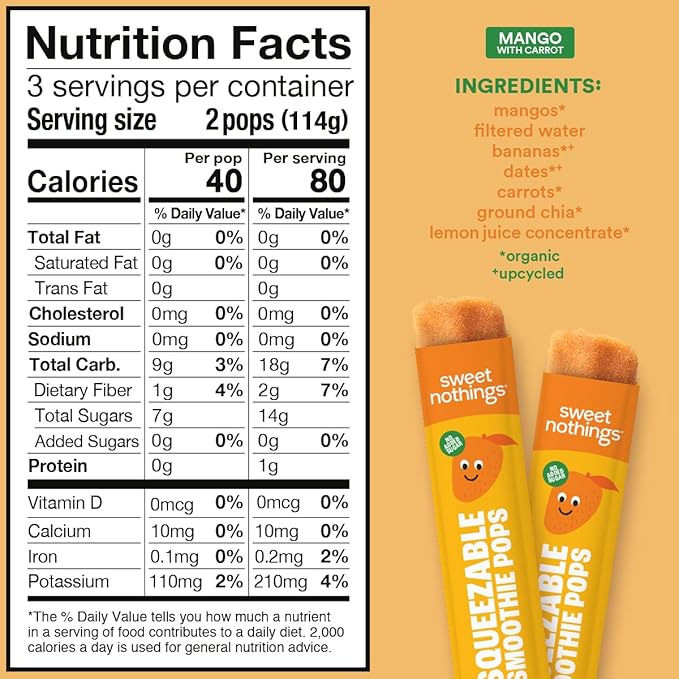Sweet Nothings, Mango, USDA Organic Kids' Squeezable Fruit Smoothie Popsicle Pops, Value Pack of 24