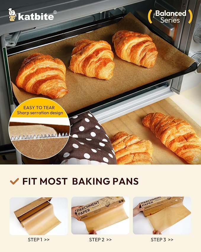 Katbite 12in x 262ft Unbleached Parchment Paper Roll, 260 Sq.Ft, Balanced Series, Non-Stick, Extra