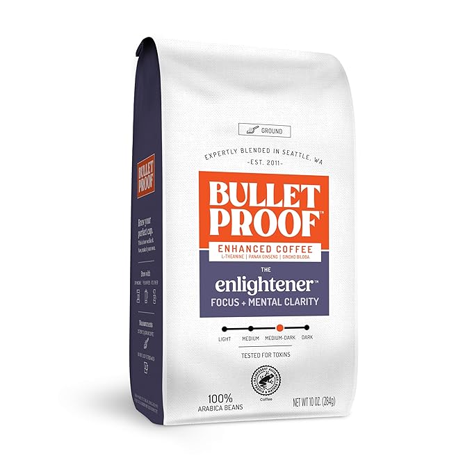 Bulletproof The Enlightener Ground Coffee, 10 Ounces, Medium-Dark Roast Enhanced Coffee with
