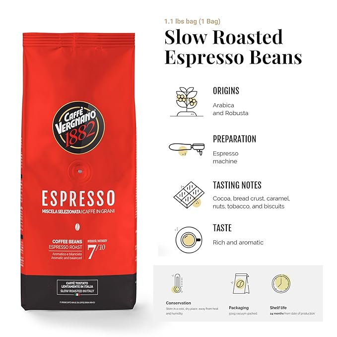 Caffe Vergnano 1882 Espresso Whole Bean Arabica Roast Coffee, 1.1 lb bag - Italian Medium Roast