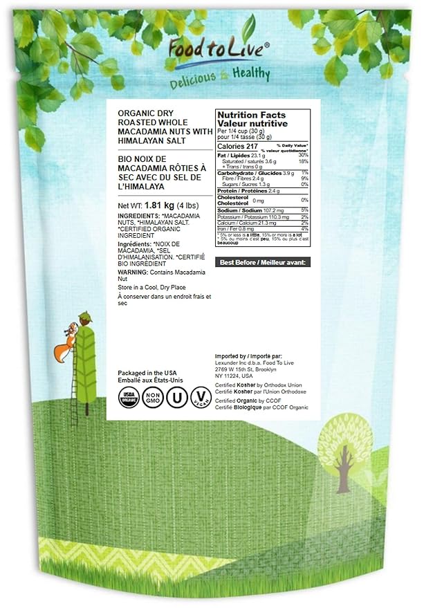 Food to Live Organic Dry Roasted Whole Macadamia Nuts with Himalayan Salt, 4 Pounds – Delicious and