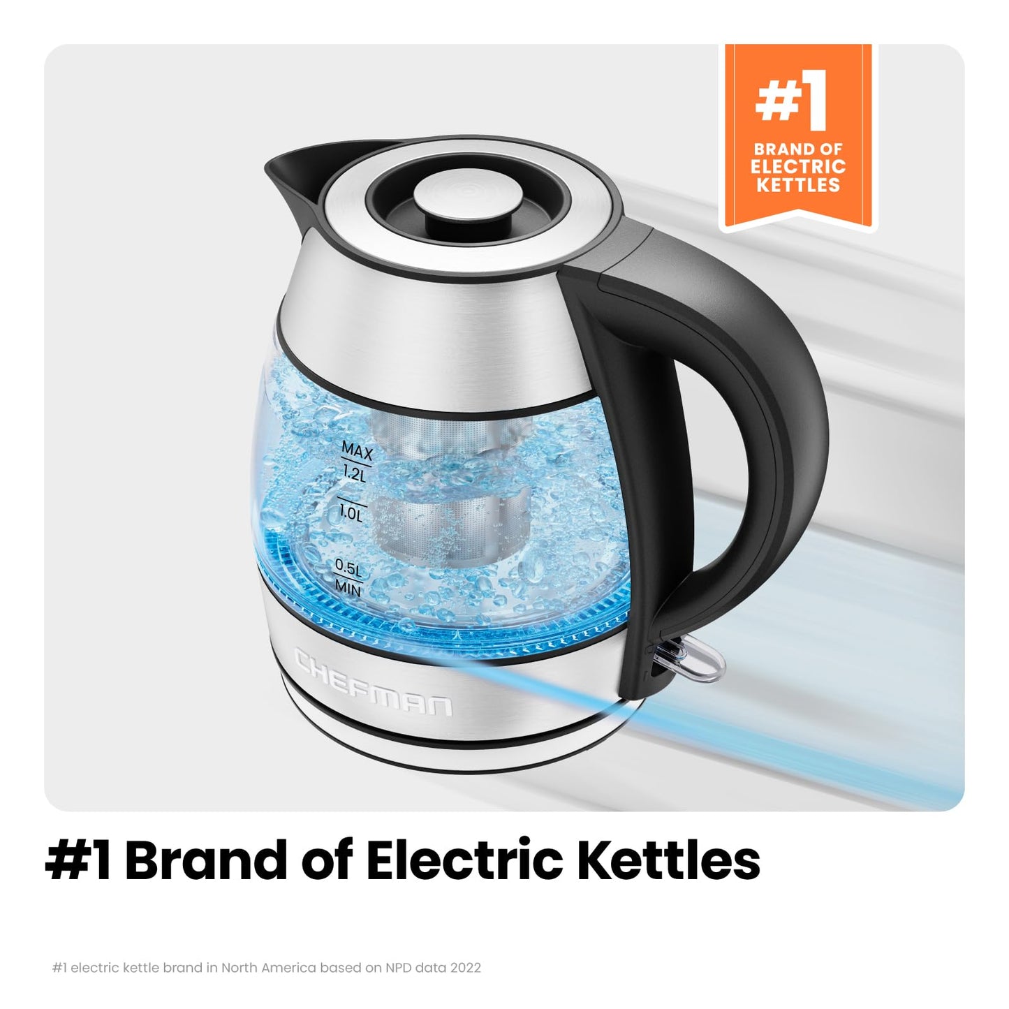 CHEFMAN Electric Kettle - 1.2L 1500W Hot Water Tea Pot with Infuser, BPA Free, Auto Shut Off