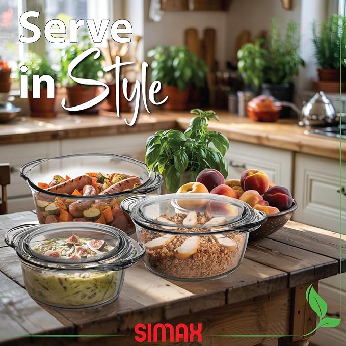 Simax Glass Casserole Dishes for Oven with Lids, Set of 3 Baking Dishes, Covered 1.50, 1.75 & 3