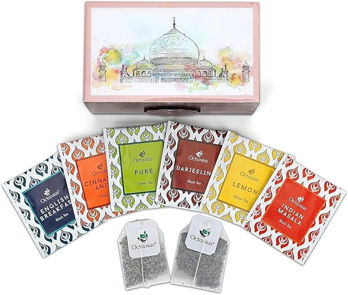 Octavius Assorted Tea Gift Set | 6 Flavored Black & Green Teas | 30 Premium Teabags in Each Box |