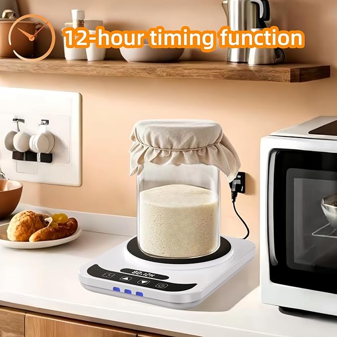 Sourdough Starter Warmer Mat - 12H Timer & Precise 1°F Thermostat (70-100°F) - Auto On/Off - Fits