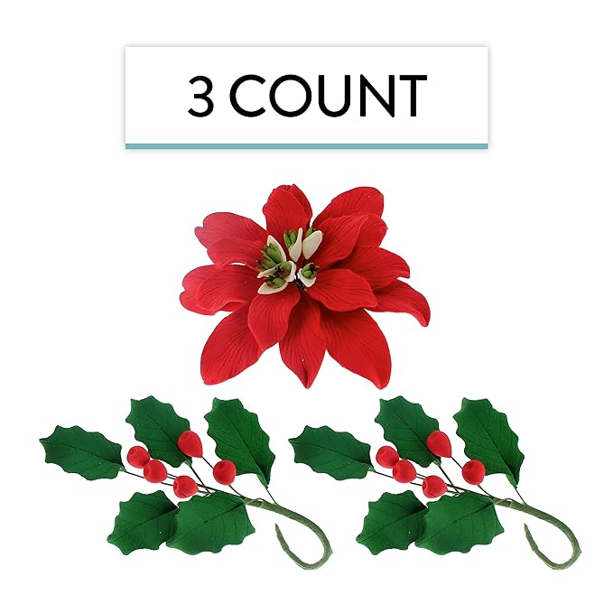 Global Sugar Art Large Poinsettia Christmas Kit Sugar Cake Flowers & Holly Leaf Sprays, 3 Piece Set