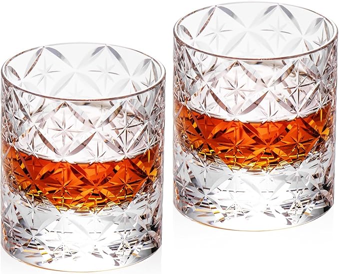 KAMMAK Crystal Whiskey Glasses Set of 2, Hand Blown 7.78oz Old Fashioned Glasses Stemless, Luxury