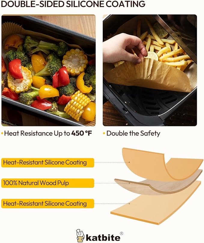 Katbite Air Fryer Liners Disposable - 100PCS, 8x5.5'' Rectangle Liners for Air Fryer Basket, Thick