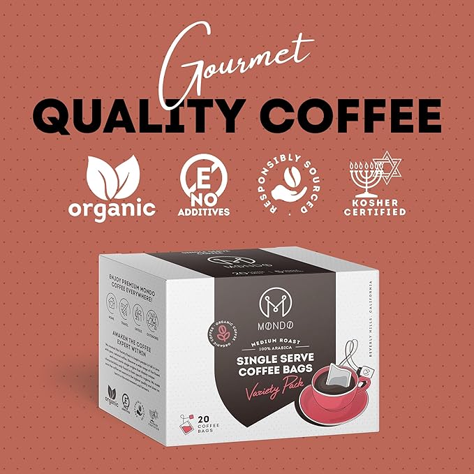 Mondo Single Serve Coffee Bags (20 Cups) Variety Pack - Organic, Medium Roast - Disposable