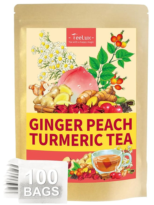 TeeLux Ginger Peach Turmeric Tea Bags, Warm Ginger with Tart Hibiscus & Soothing Chamomile, Tart &