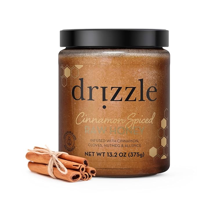 Drizzle Cinnamon Spiced Raw Honey - All Natural Pure Raw Honey with Organic Cinnamon, Unfiltered &