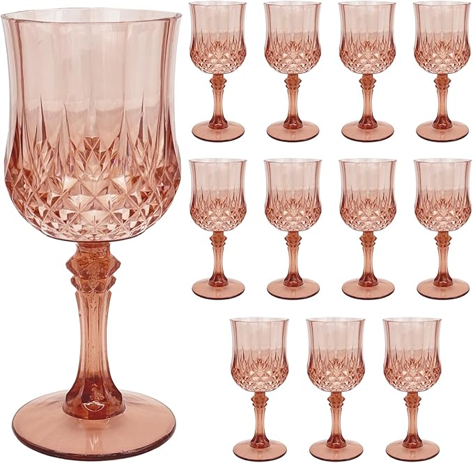 12 PCS Rose Gold Plastic Wine Glasses，Cordial Glasses，Goblets，Can be Used for Weddings, Everyday