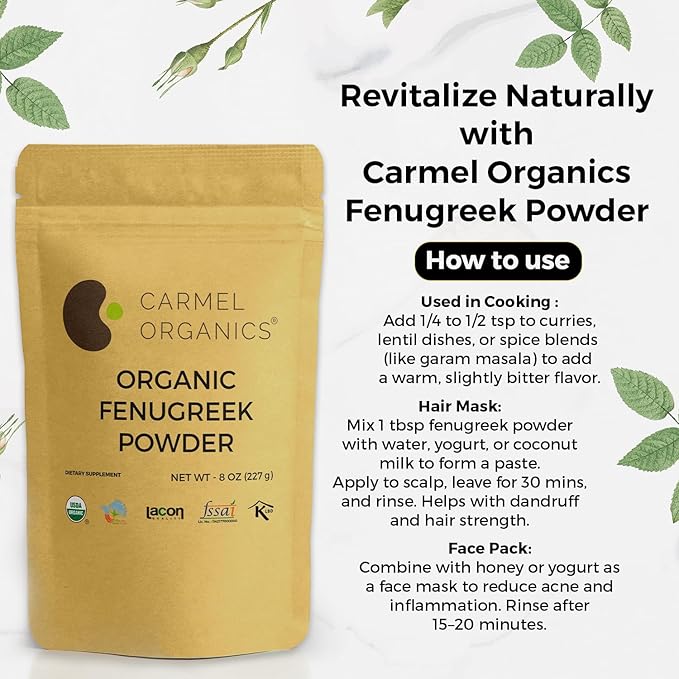 CARMEL ORGANICS Fenugreek |Methi Seeds (Powder, 8 Ounce or 0.5 Lbs)(Pack of 1) | USDA Certified