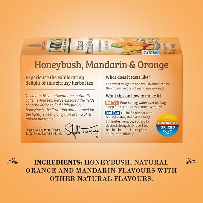 Twinings Honeybush, Mandarin, & Orange Herbal Tea Individually Wrapped Bags, 20 Count (Pack of 1)
