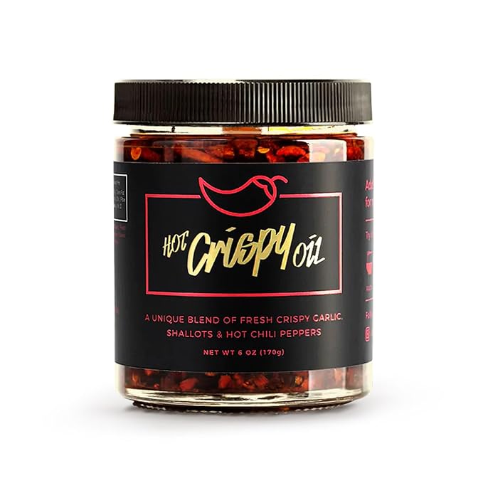Hot Crispy Oil, An all natural unique blend of fresh fried shallots, fresh garlic and a proprietary