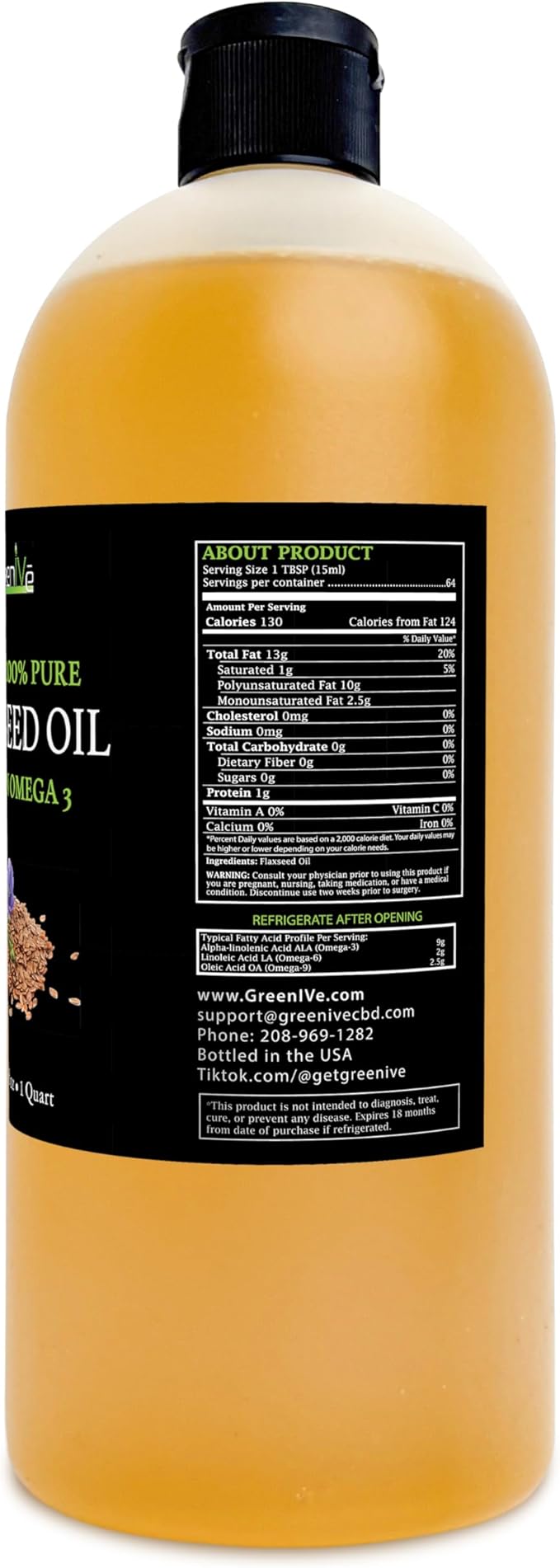 GreenIVe Flax Seed Oil Organically Grown100% Pure Cold Pressed High Vegan Omega Fatty Acids