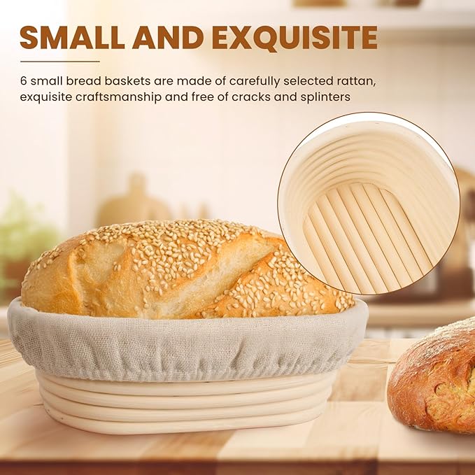 6 Inch Oval Banneton Bread Proofing Basket Set of 6, Kikcoin Mini Sourdough Bread Baking Supplies