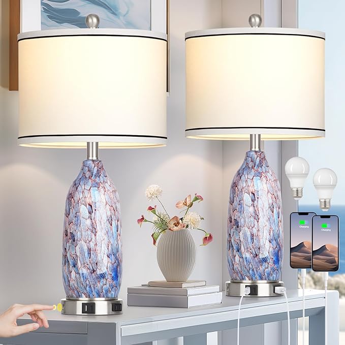 Coastal Lamps with USB A+C Ports & LED Night Light, Unique Seashells Glass Table Lamps with Natural