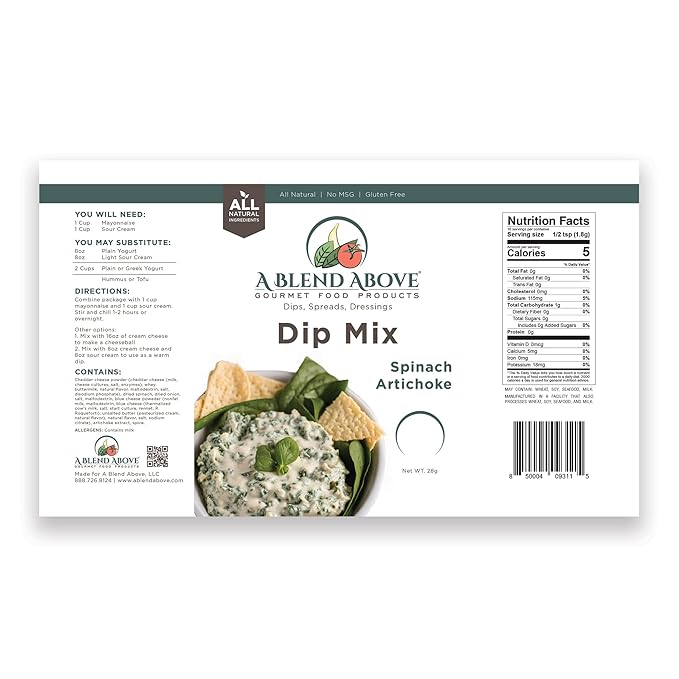 A Blend Above Spinach Artichoke Dip Mix, 3 Packs, 1 oz. Each, Makes 16 Ounces, Gluten-Free, No MSG