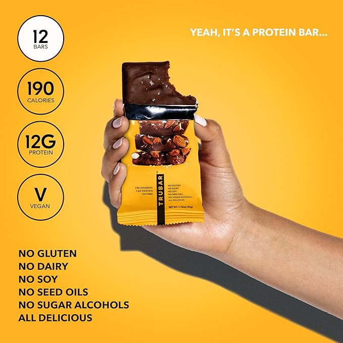 TRUBAR Vegan Protein Bar, Saltylicious Almond Love, Gluten Free, Plant Based, High Fiber, Dairy
